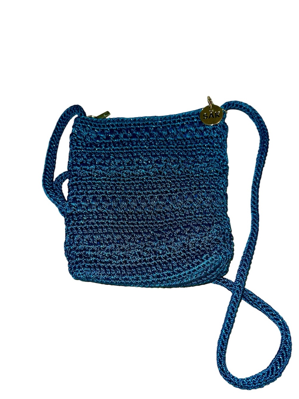 The Sak Teal W Shimmer Crochet Crossbody Bag Small Knit Purse Boho Classic